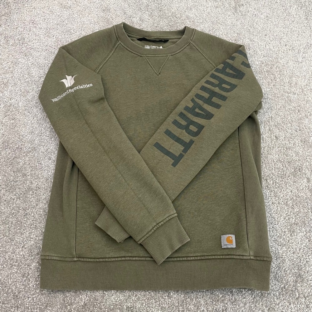 Carhartt Sweatshirt Womens Small Relaxed Fit Fleece Sleeve Spell Out Green